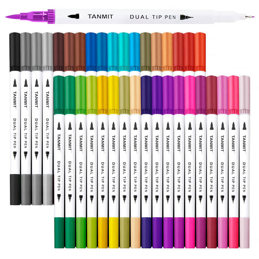 Dual Brush Marker Pens for Coloring Books, Tanmit Fine Tip Coloring Marker & Brush Pen Set for Journaling Note Taking Writing Planning Art Project