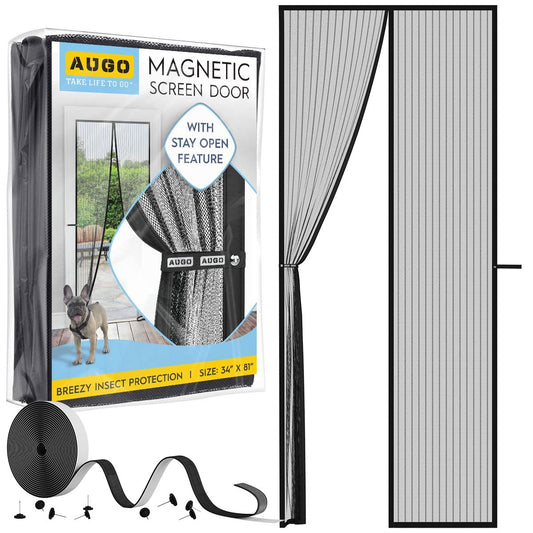 AUGO Magnetic Screen Door - Self Sealing, Heavy Duty, Hands Free Mesh Partition Keeps Bugs Out - Pet and Kid Friendly - Patent Pending Keep Open Feature - 34 Inch x 81 Inch