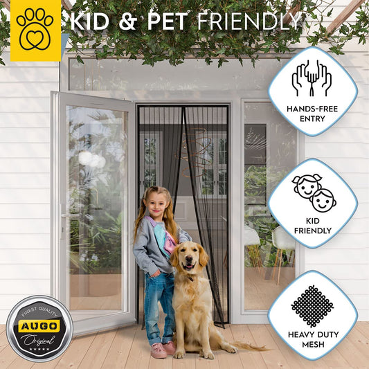 AUGO Magnetic Screen Door - Self Sealing, Heavy Duty, Hands Free Mesh Partition Keeps Bugs Out - Pet and Kid Friendly - Patent Pending Keep Open Feature - 34 Inch x 81 Inch