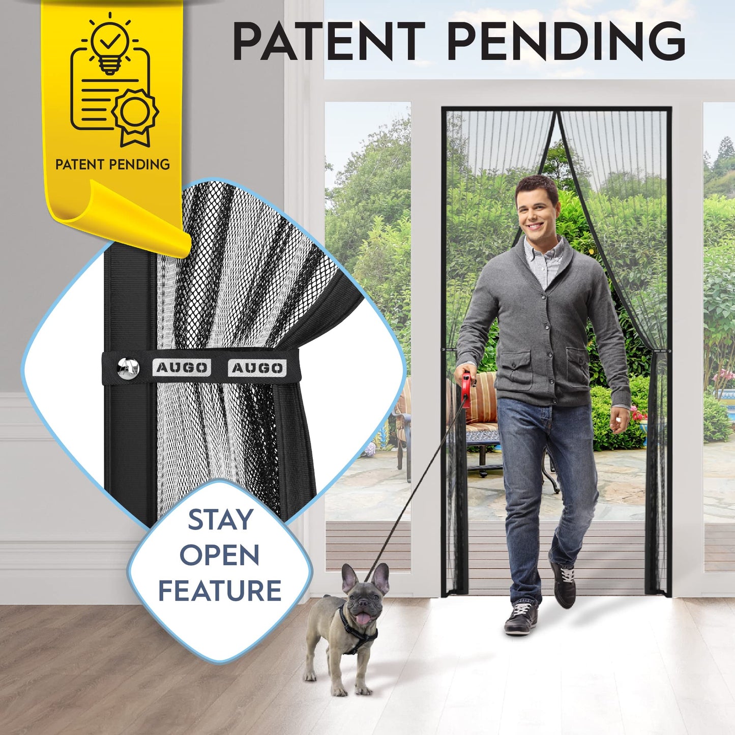 AUGO Magnetic Screen Door - Self Sealing, Heavy Duty, Hands Free Mesh Partition Keeps Bugs Out - Pet and Kid Friendly - Patent Pending Keep Open Feature - 34 Inch x 81 Inch